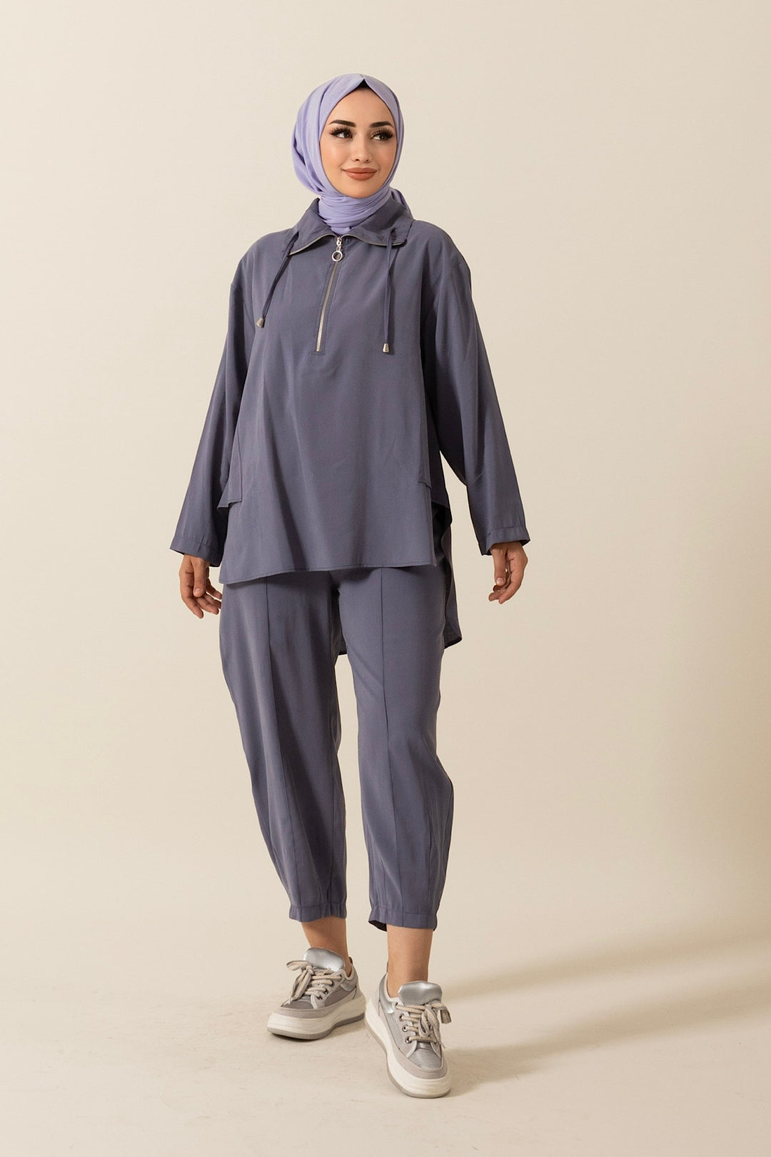 Yarım Fermuar Detay Ikılı Takım Mor 8370-MOR