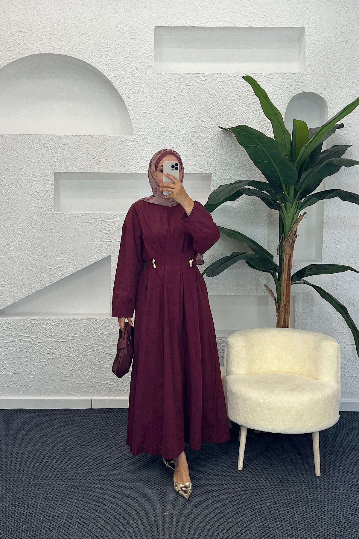 Leona Bel Detay Elbise Bordo 0325-BORDO