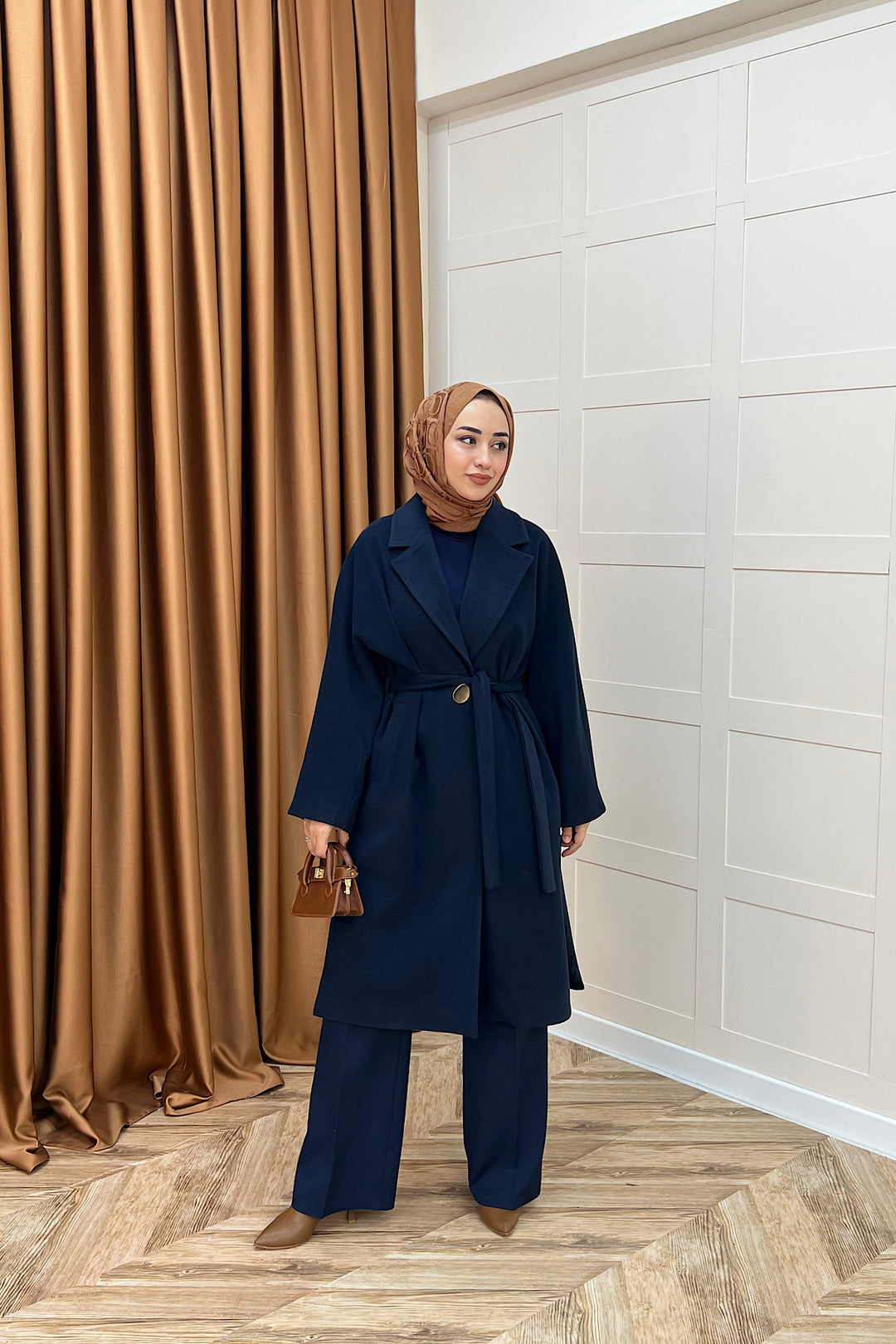 Yıldız Premium Kumaş Kuşaklı Kaban Lacivert 5515-LACIVERT