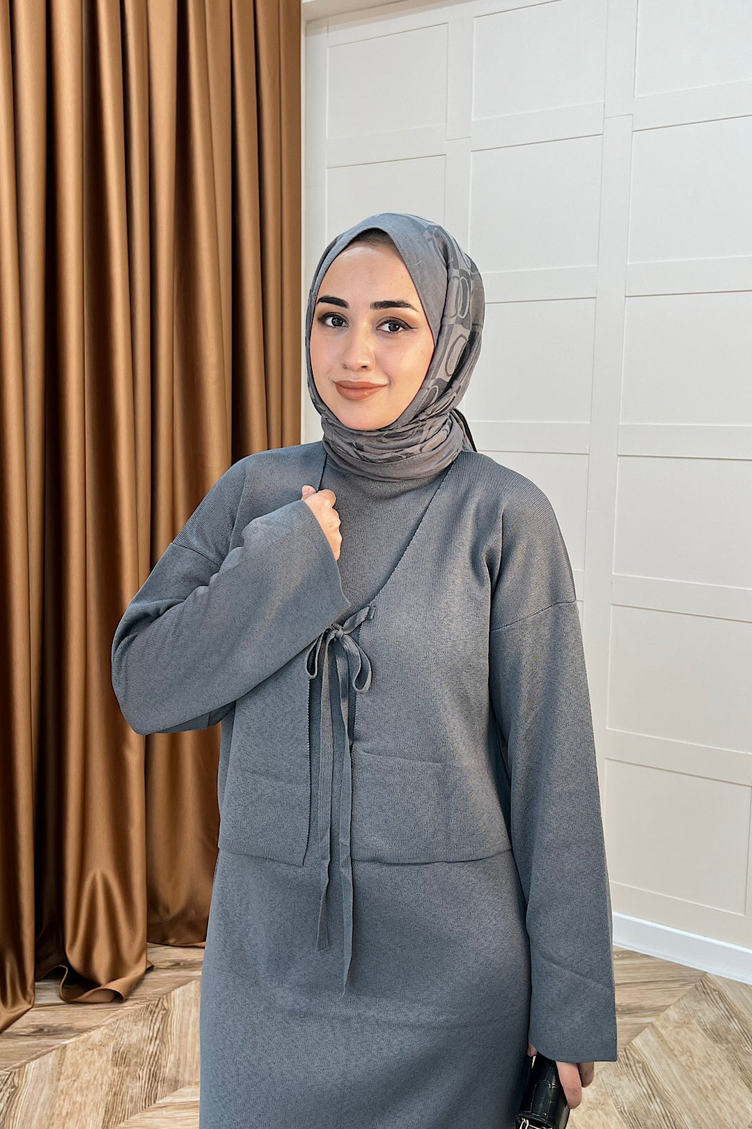 Ester Croplu İkili Triko Elbise Gri 25160-GRİ