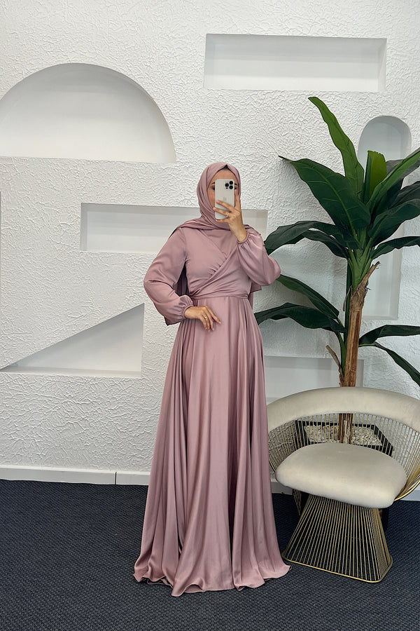 Önü Çarpraz Saten Abiye Pudra 4529-PUDRA