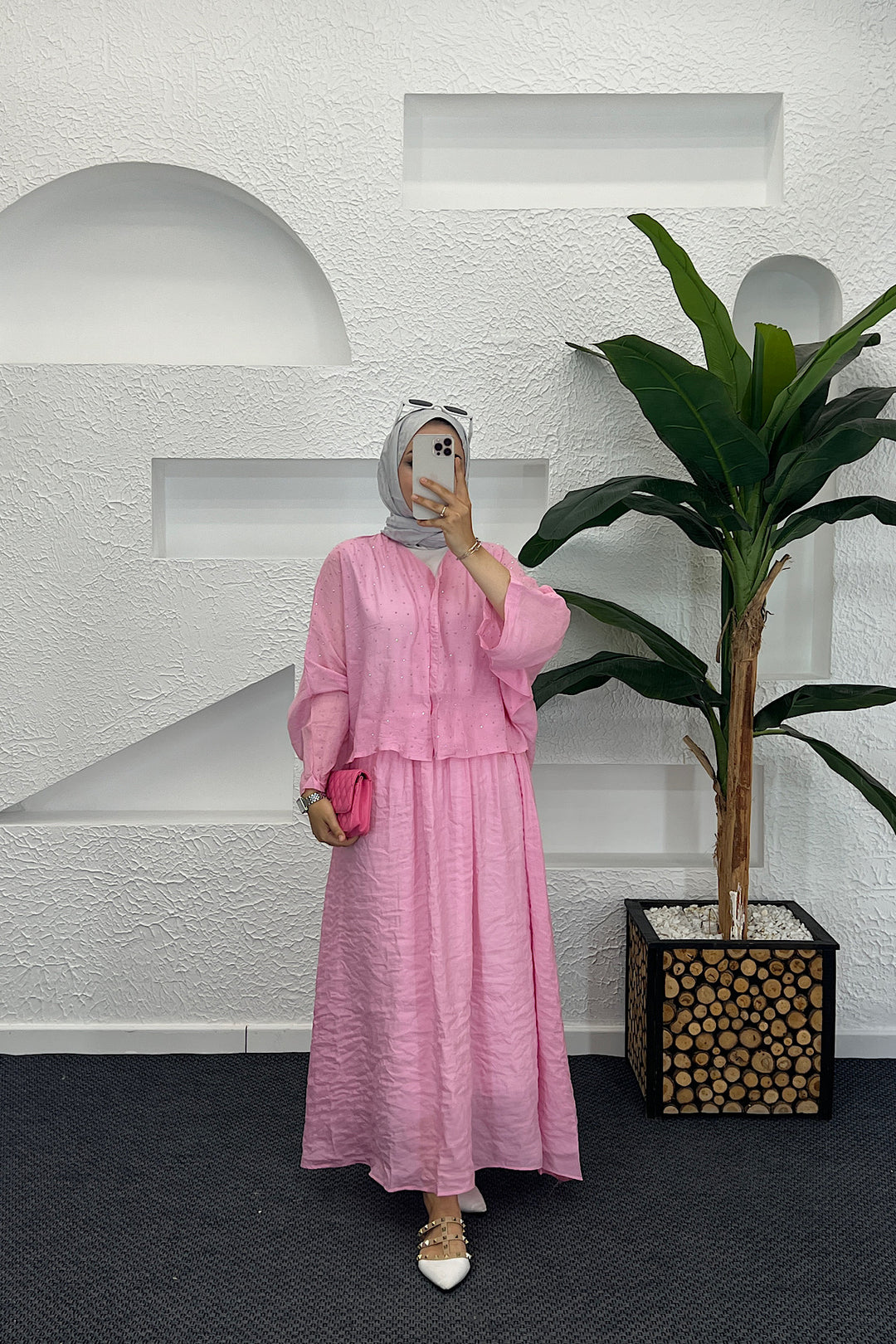 Taş Detay Etekli Takım Pembe 8830-PEMBE