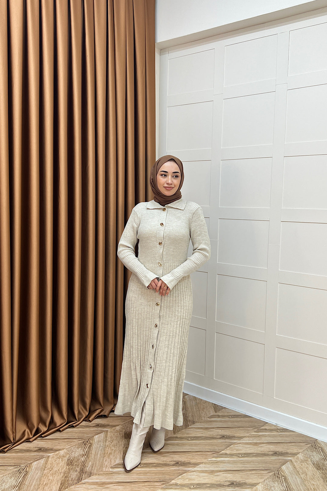 Endam Düğmeli Triko Elbise Taş 10201-TAS