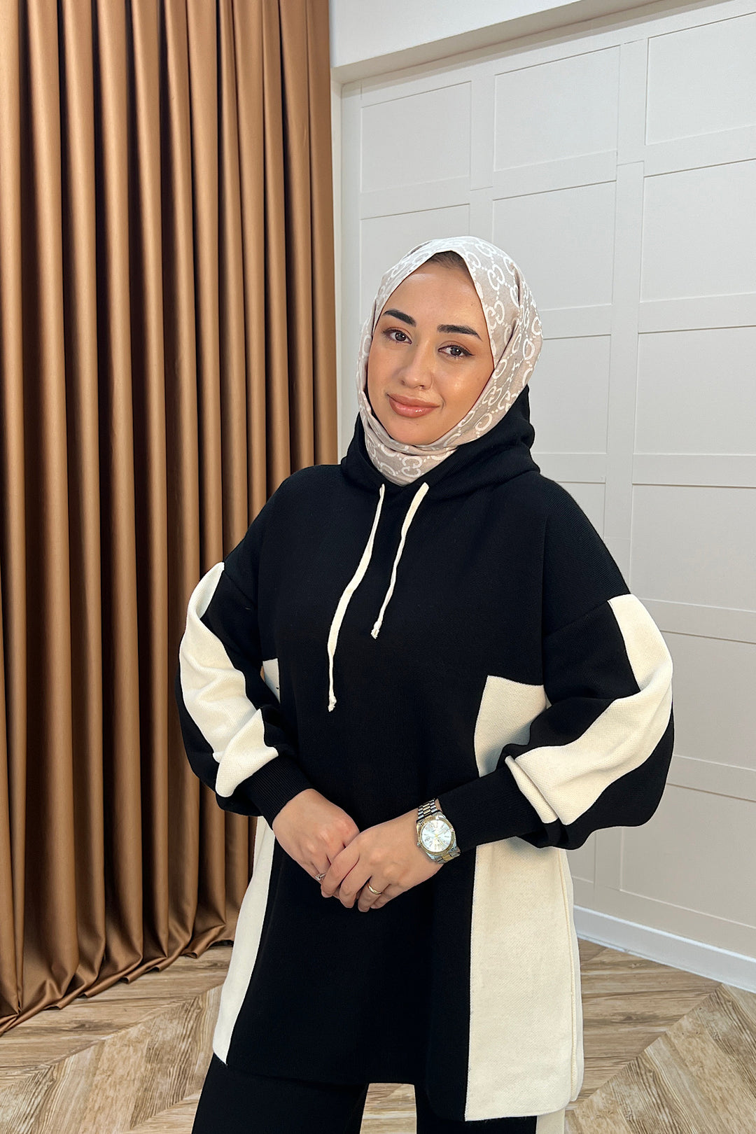 Lapis Çizgili Kapüşonlu Triko Takım Siyah 241210-SIYAH