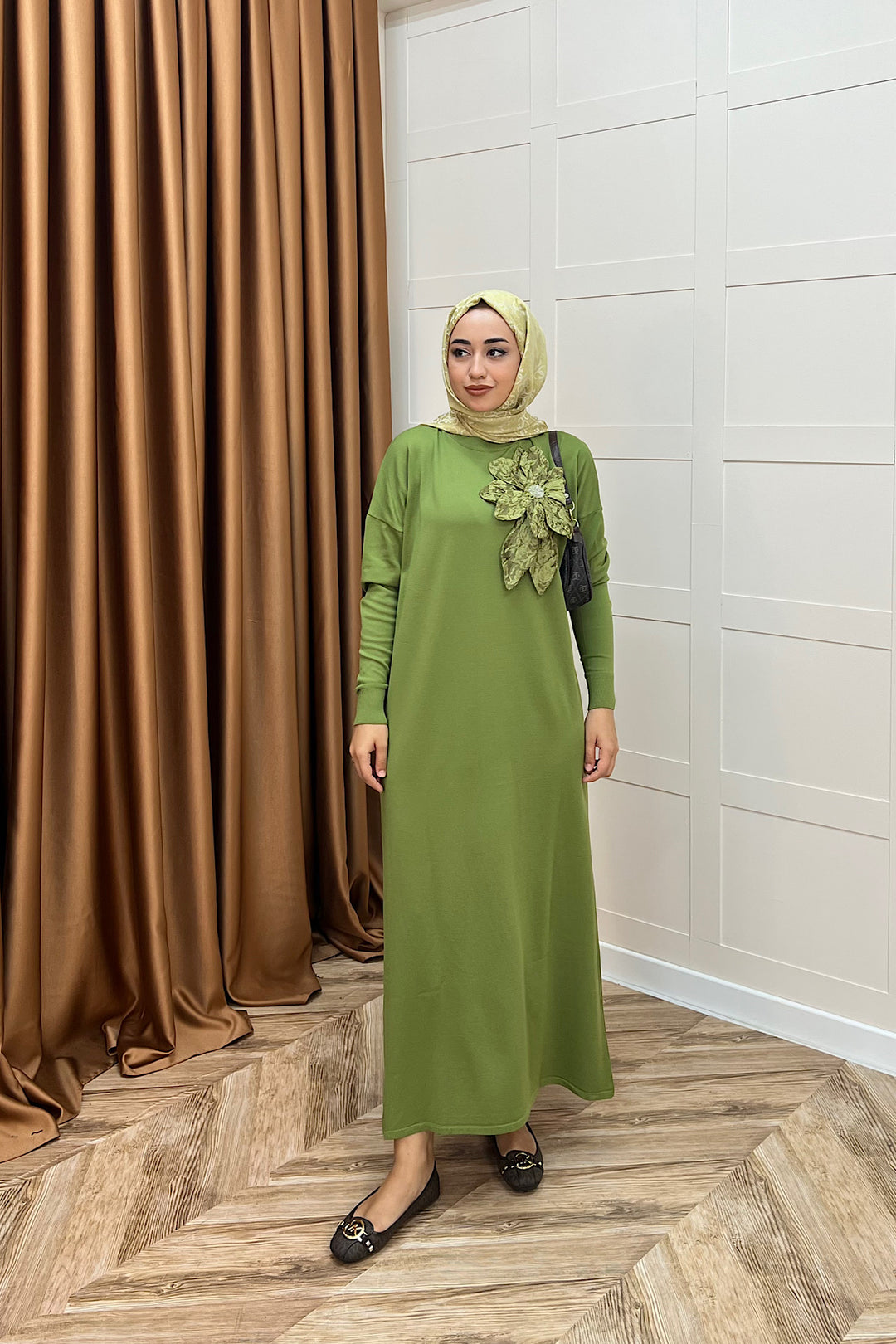 Zambak Merserize Triko Elbise Yeşil 25110-YESIL