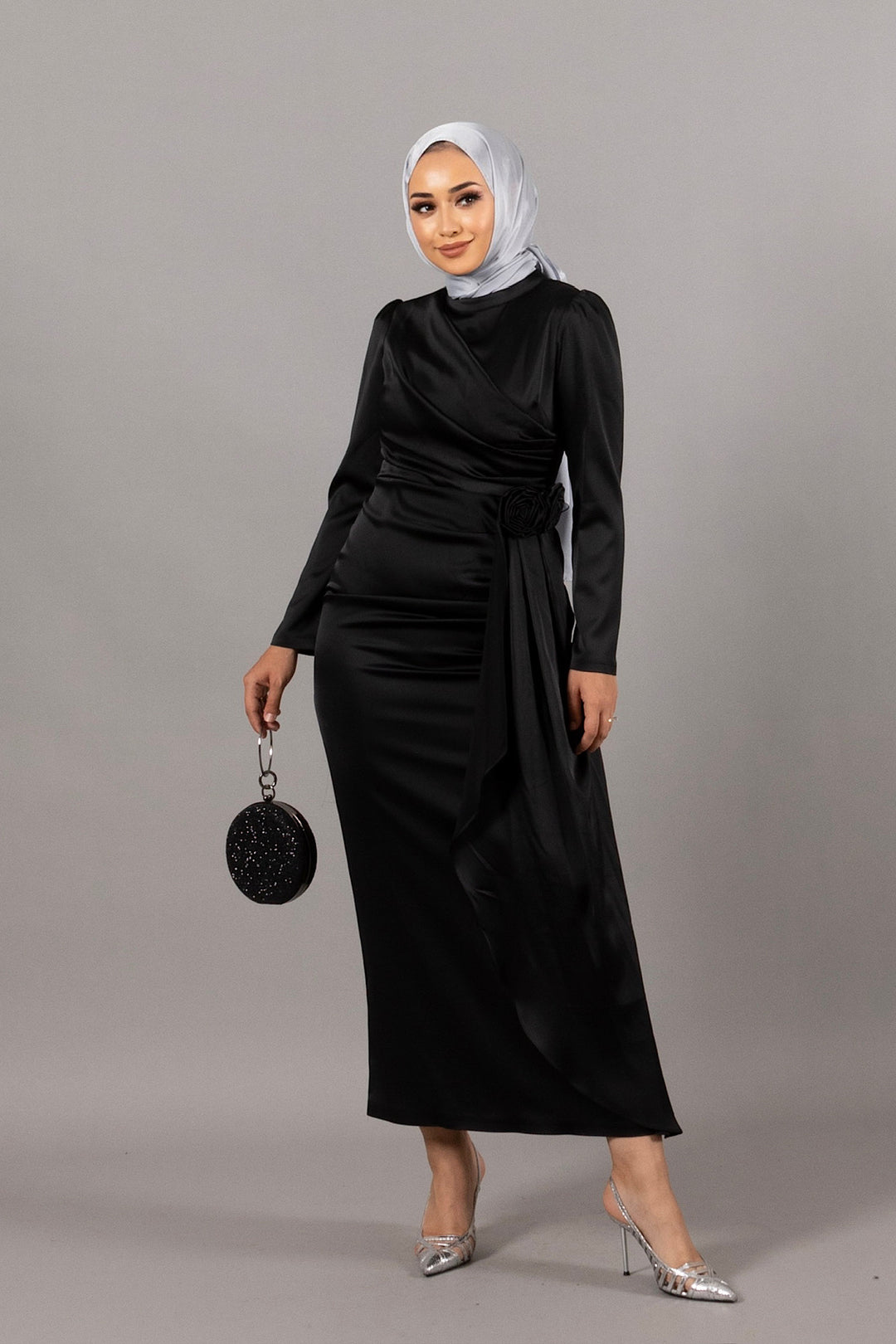 Elena Gül Broş Detay Saten Abiye Siyah 4964-SIYAH