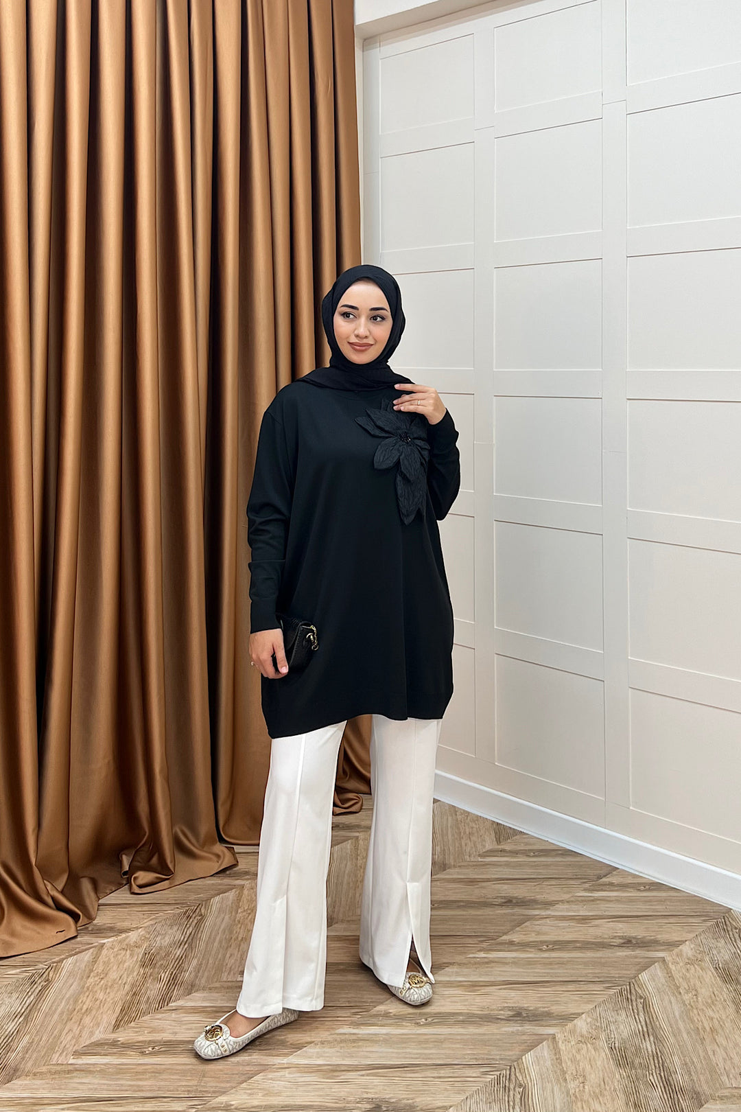 Merserize Çiçekli Triko Tunik Siyah 2550-SIYAH