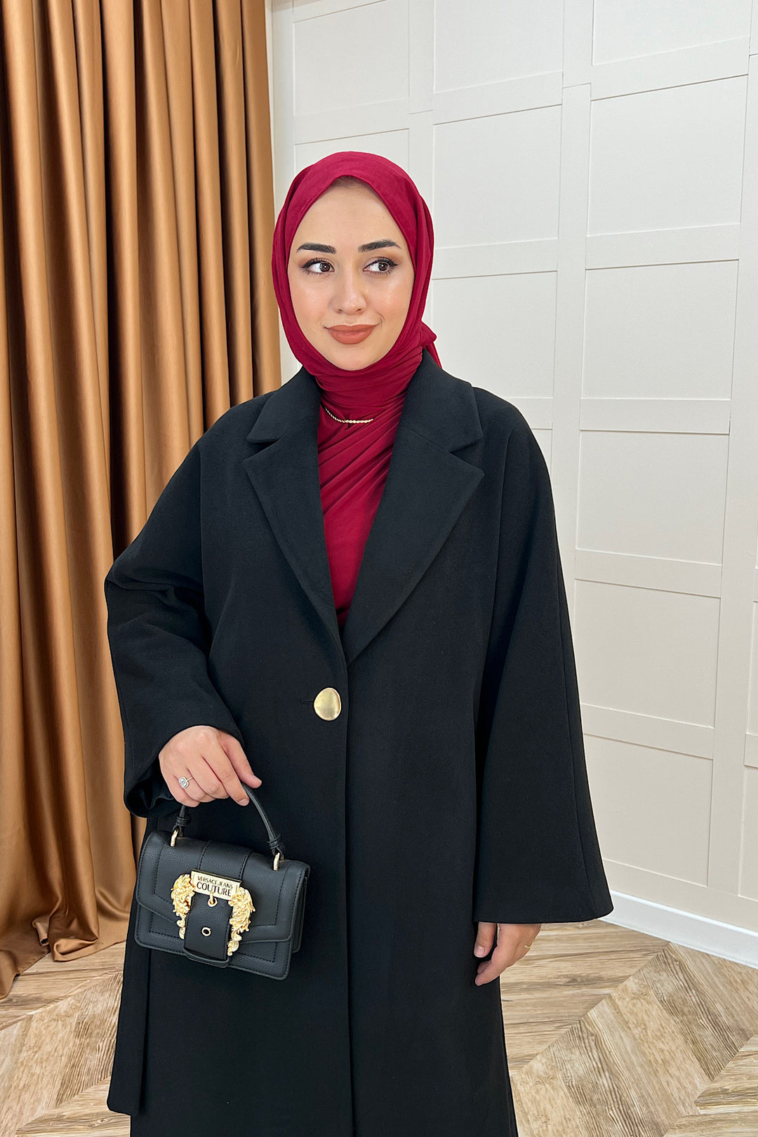 Yıldız Premium Kumaş Kuşaklı Kaban Siyah 5515-SIYAH