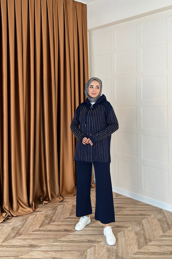 Eros Kapüşonlu Taşlı Triko Takım Lacivert 25340-LACIVERT