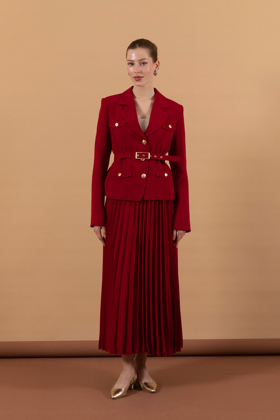 Eteği Piliseli Ceket Takım Kırmızı 2019-KIRMIZI