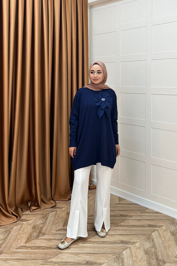 Merserize Çiçekli Triko Tunik Lacivert 2550-LACIVERT