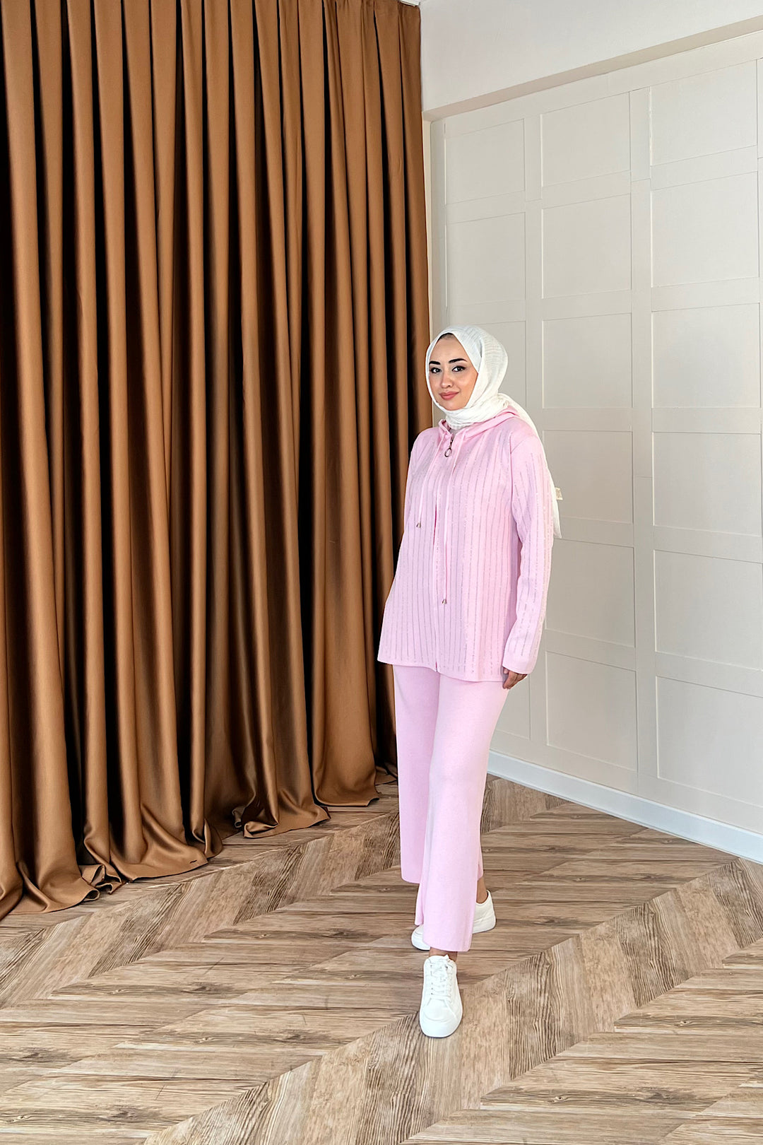 Eros Kapüşonlu Taşlı Triko Takım Pembe 25340-PEMBE