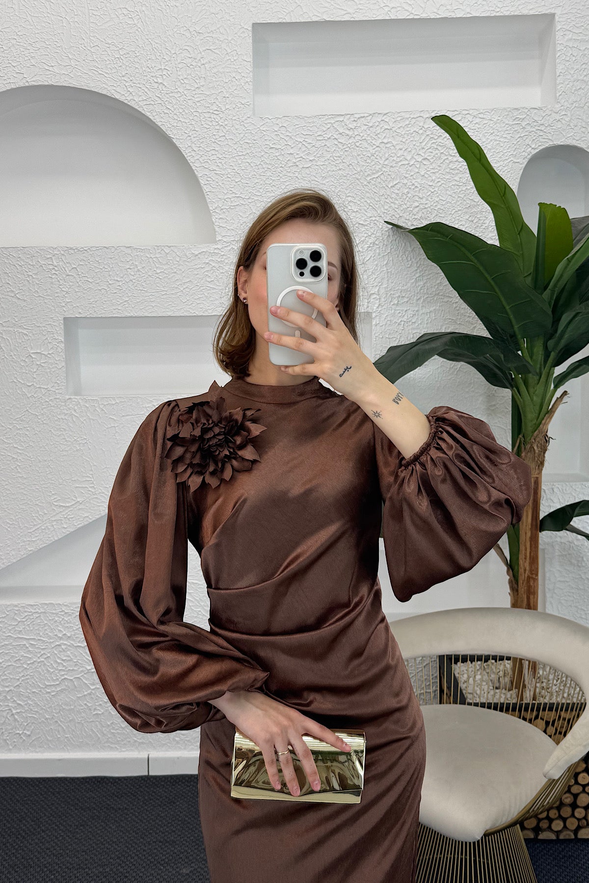 Sanna Broş Detay Abiye Kahverengi 4985-KAHVERENG