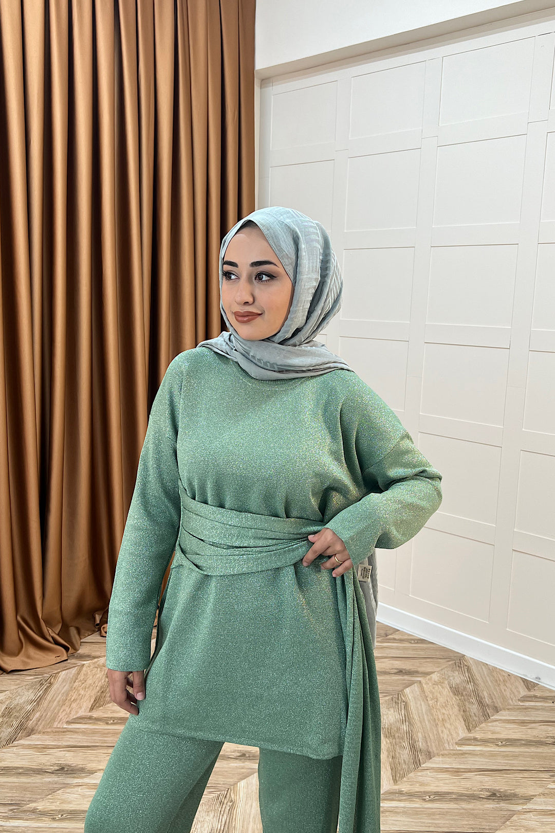 Yakamoz Şal Detay Simli Triko Takım Mint 25280-MINT