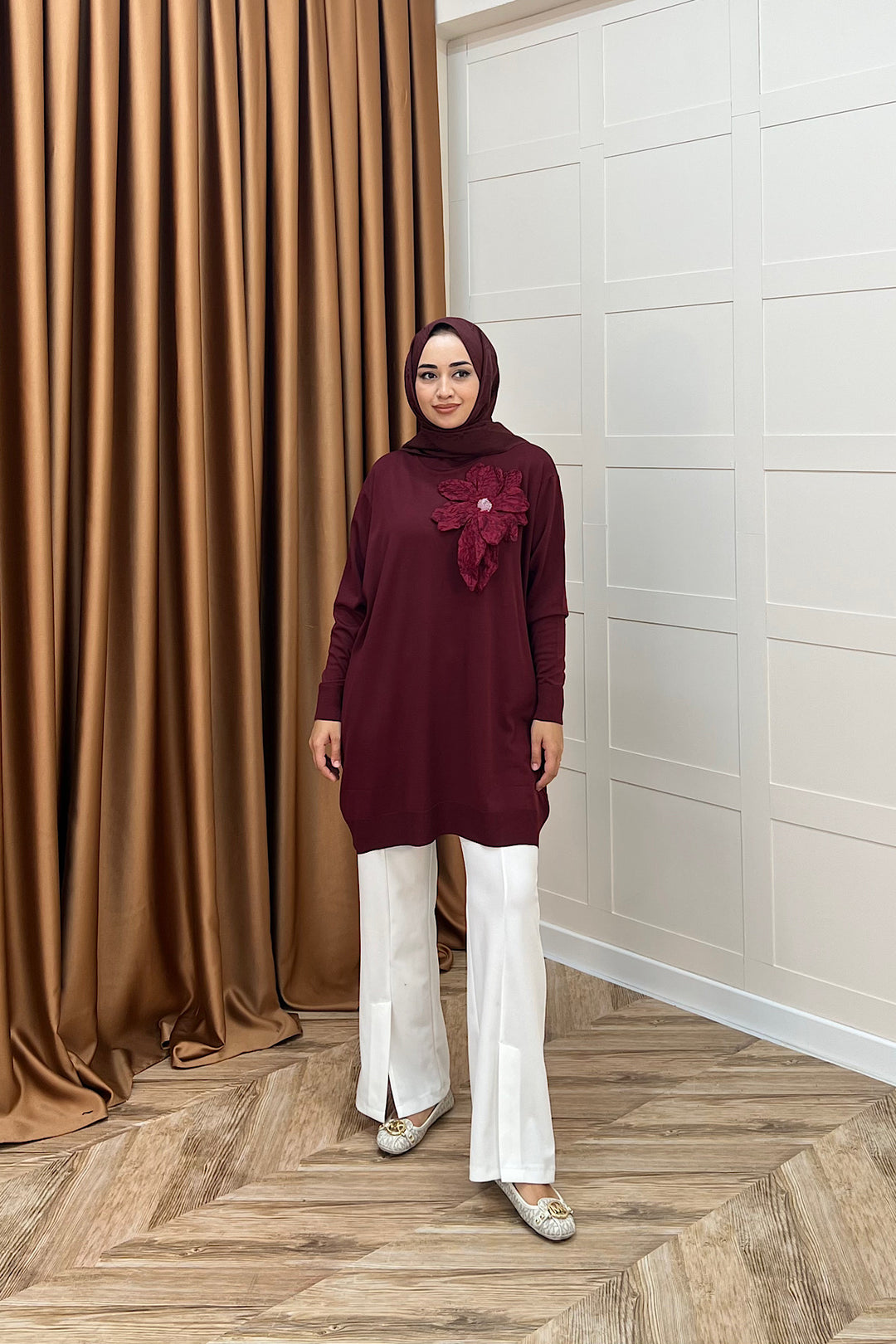 Merserize Çiçekli Triko Tunik Bordo 2550-BORDO