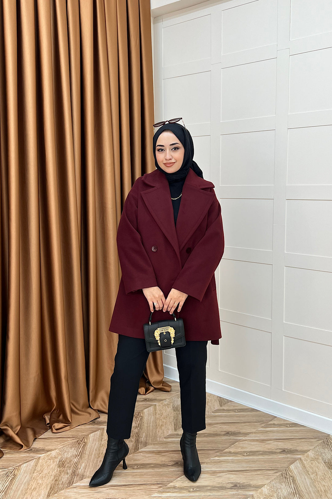 Nuve Premium Kuşaklı Kaban Bordo 5514-BORDO