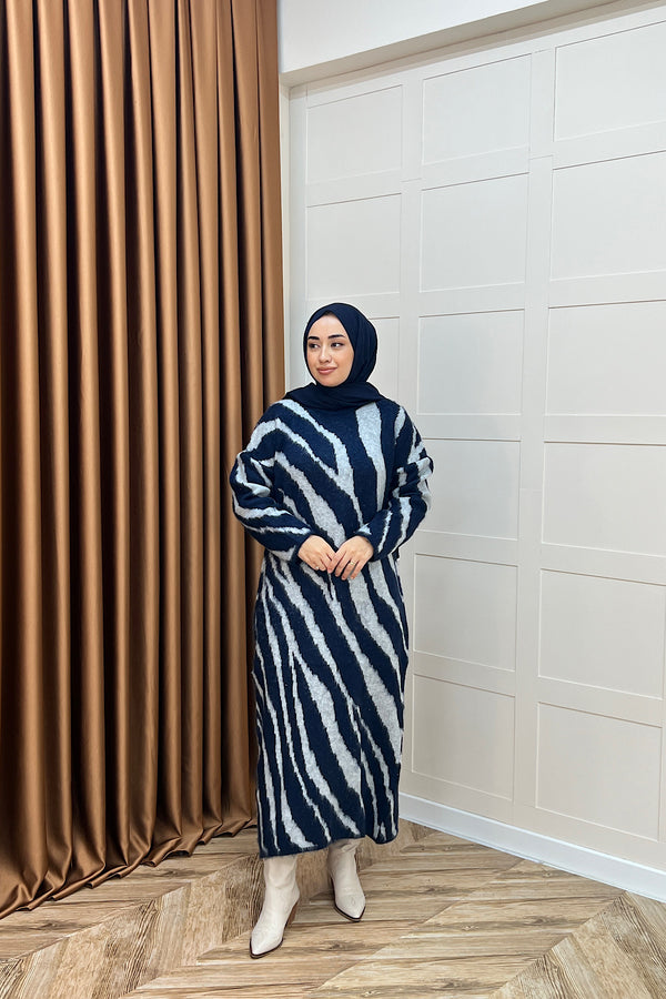 Pars Zebra Desen Triko Elbise Lacivert 25330-LACIVERT