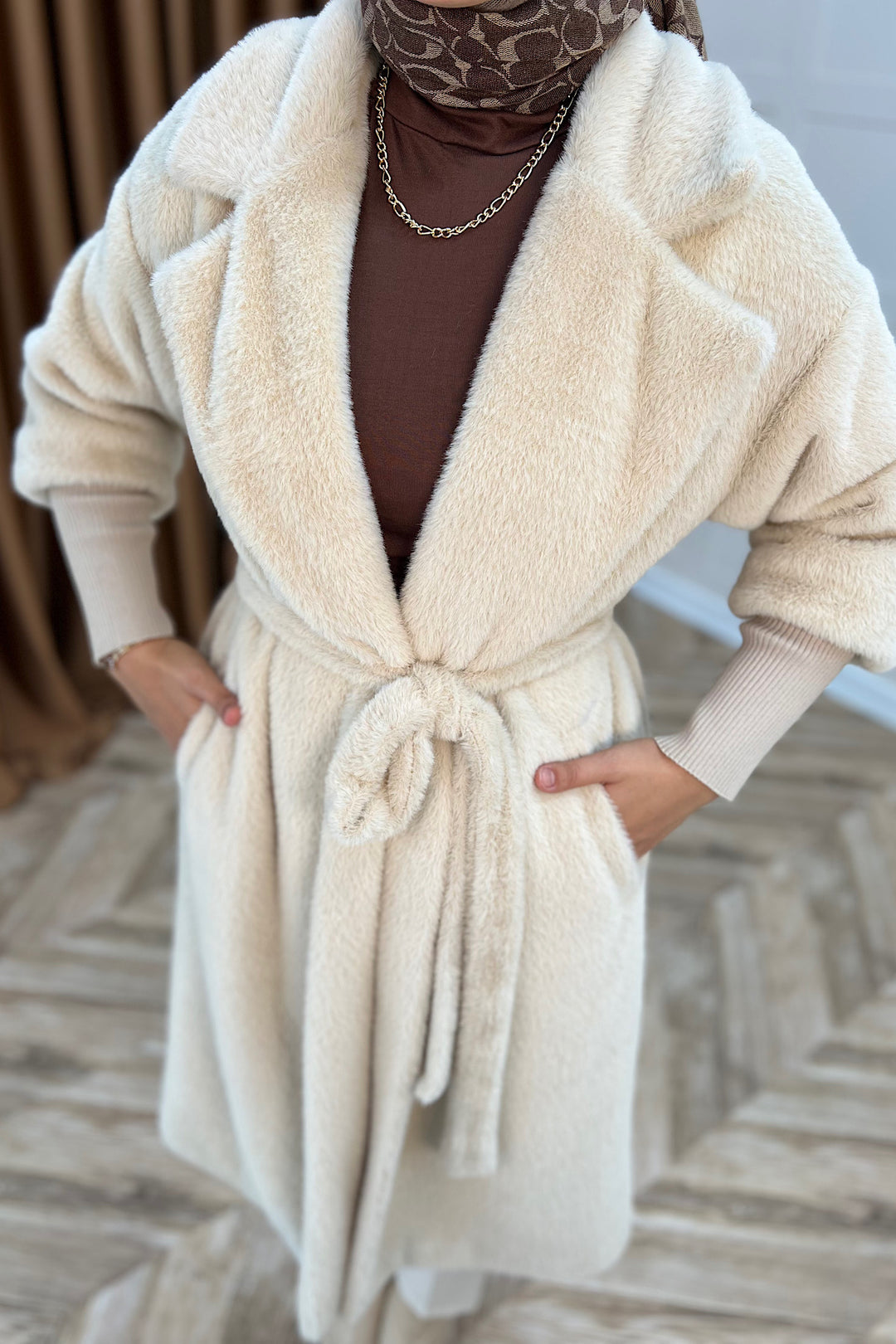 Angora Premium Kumaş Kaban Krem 5519-KREM