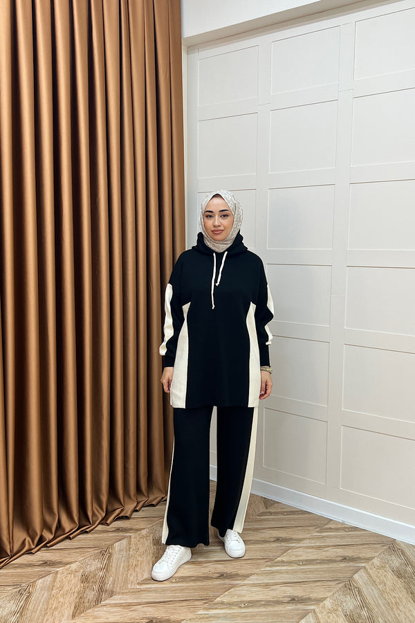 Lapis Çizgili Kapüşonlu Triko Takım Siyah 241210-SIYAH