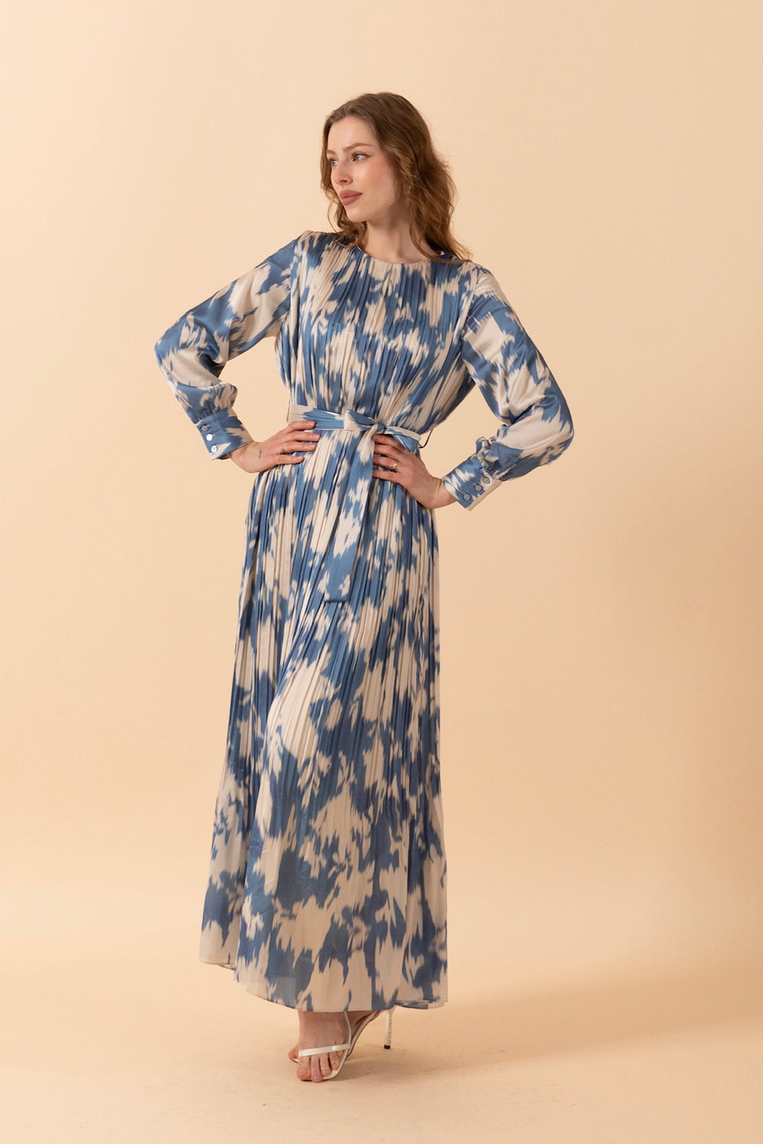 Bella Piliseli Saten Elbise Mavi 3038-MAVI