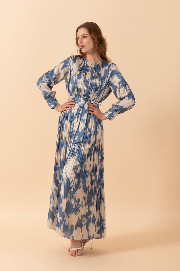 Bella Piliseli Saten Elbise Mavi 3038-MAVI