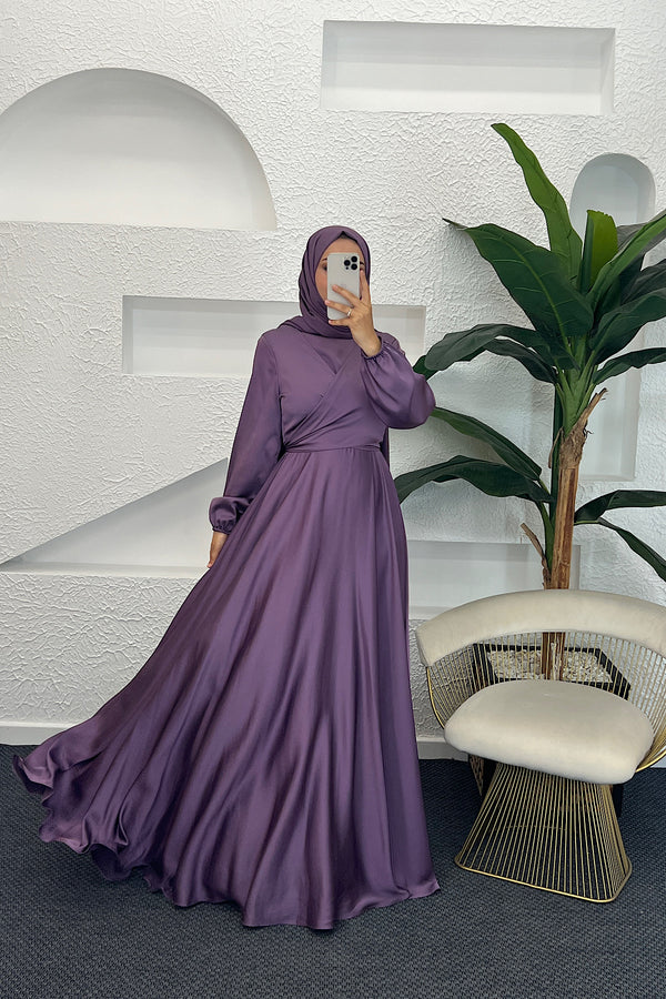 Önü Çarpraz Saten Abiye Lila 4529-LILA