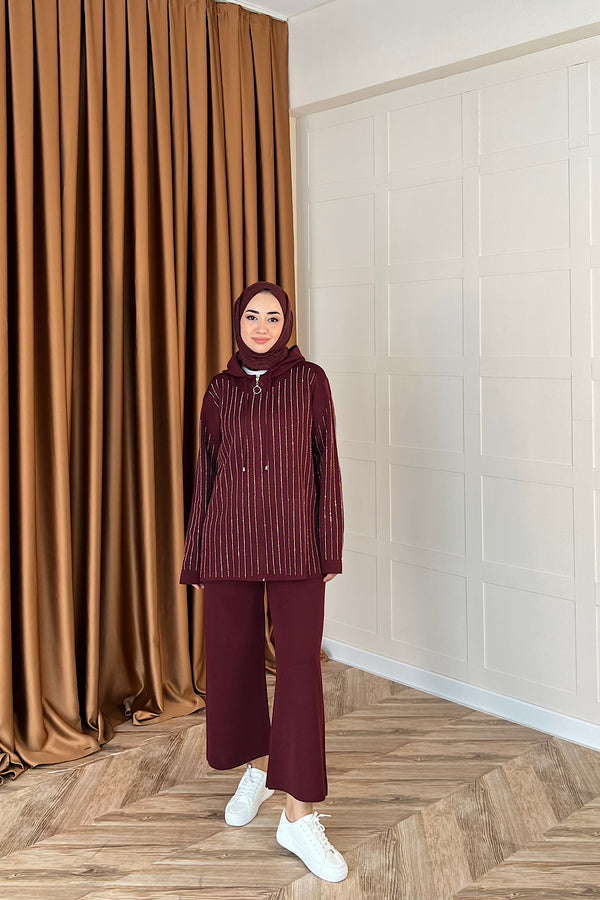 Eros Kapüşonlu Taşlı Triko Takım Bordo 25340-BORDO