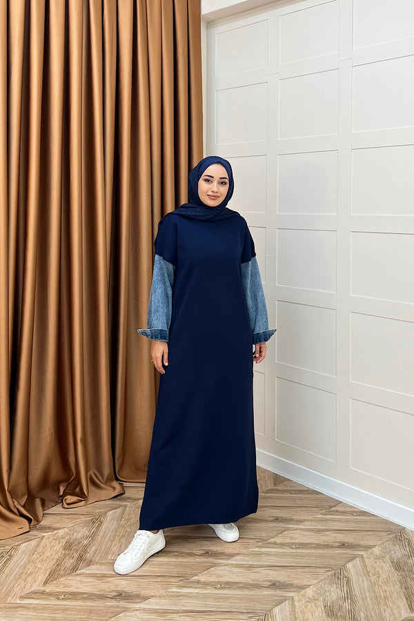 Kolları Kot Detay Triko Elbise Lacivert 241200-LACIVERT