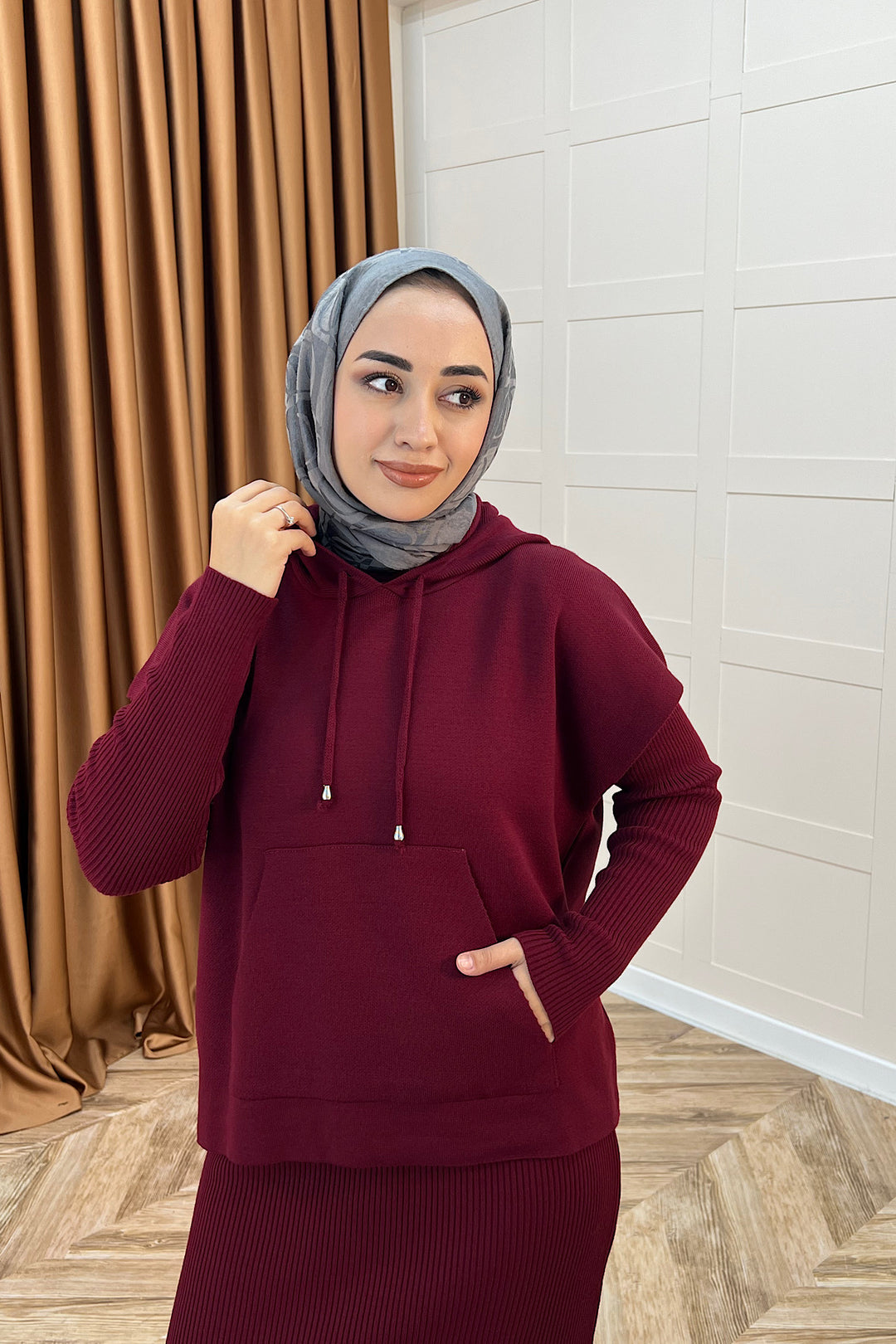 Üst Kapüşonlu İkili Triko Elbise Bordo 25290-BORDO