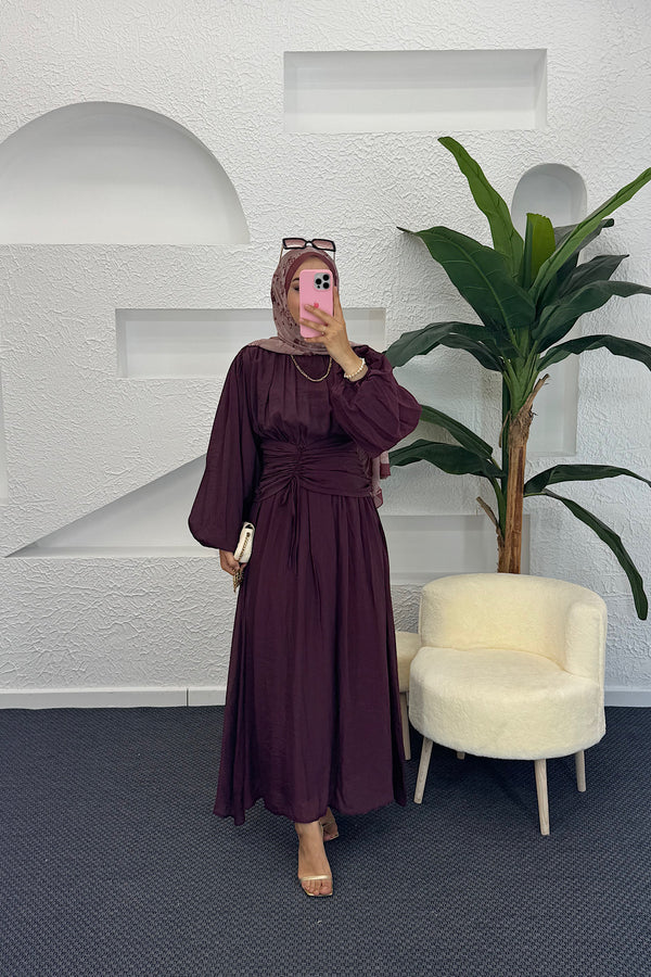 Belden Bağlamalı Elbise Mürdüm 3372-MURDUM