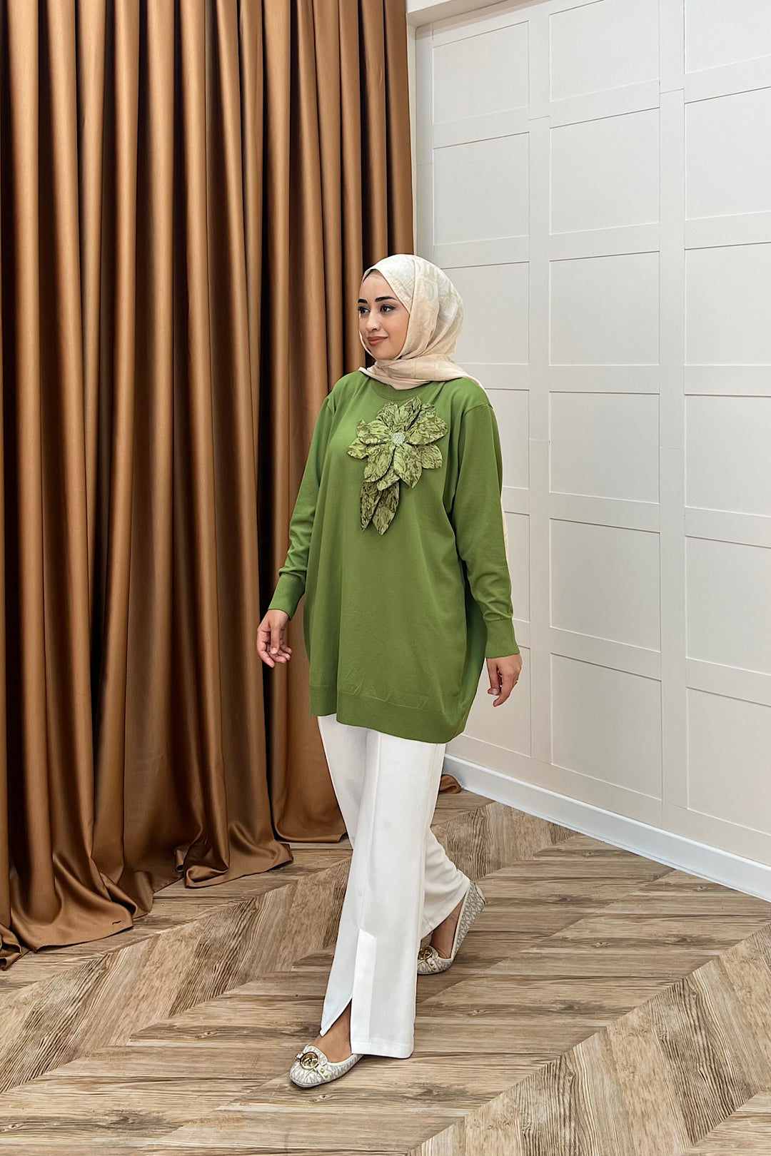 Merserize Çiçekli Triko Tunik Yeşil 2550-YEŞİL
