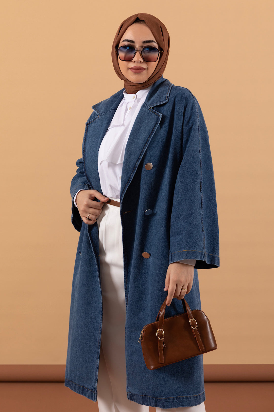 Uzun Denim Ceket Mavi 5505-MAVI