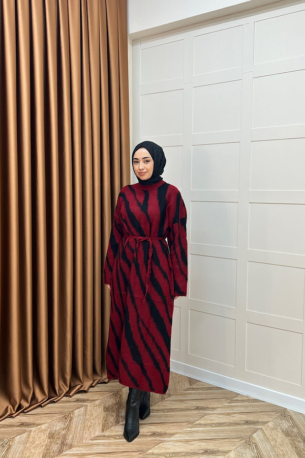 Pars Zebra Desen Triko Elbise Bordo 25330-BORDO