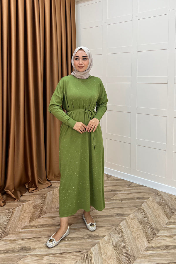 Mabel Taşlı Triko Elbise Yağ Yeşili 25270-YAGYESILI