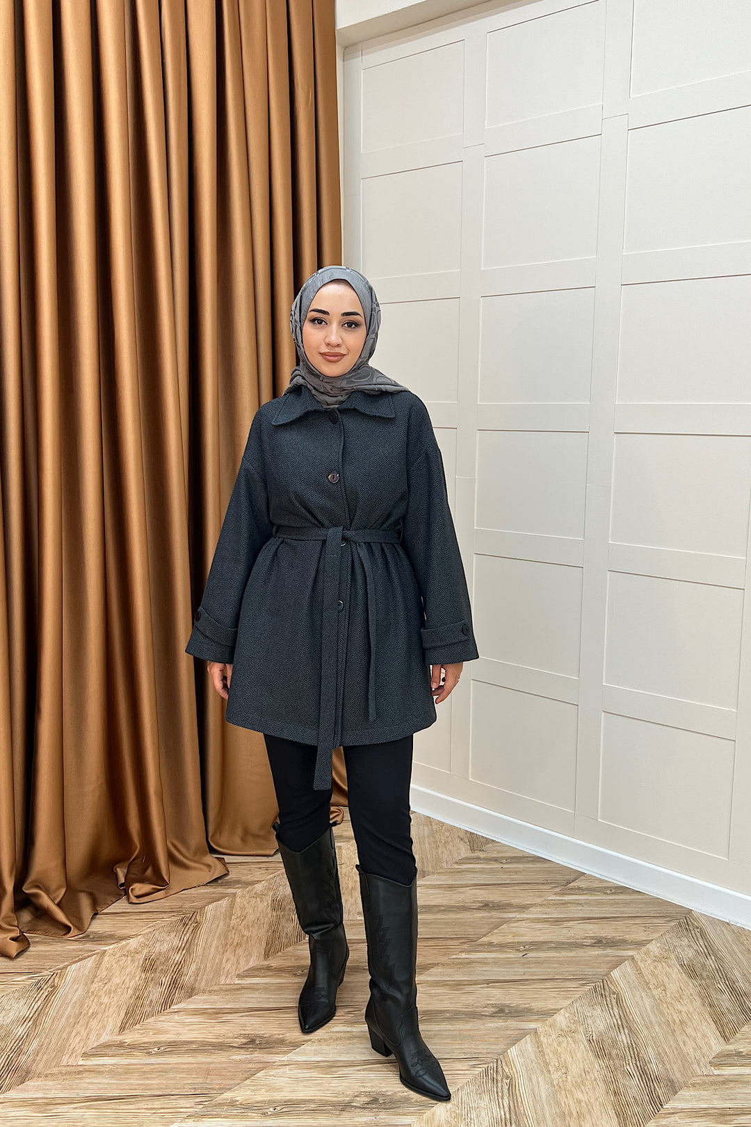 Bensu Kuşaklı Kaşe Kaban Siyah 5518-SIYAH