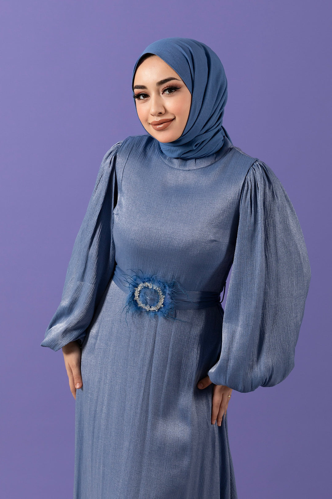 Taş Tüy Detay Janjan Elbise İndigo 3007-INDIGO