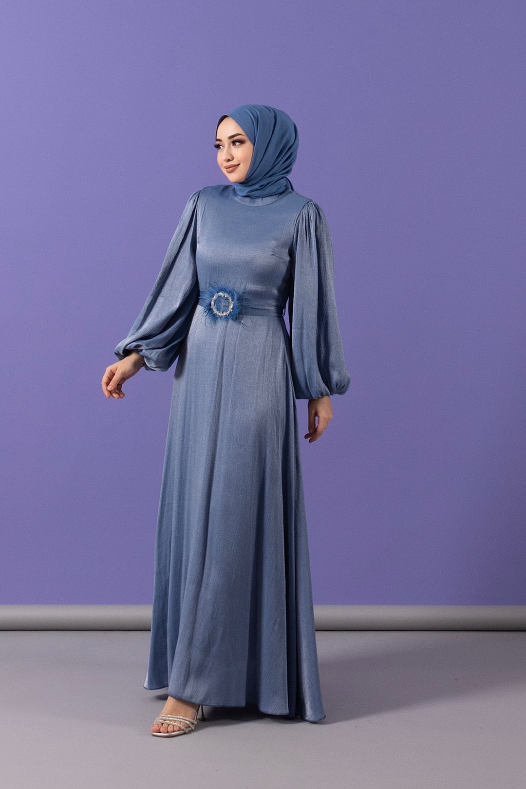 Taş Tüy Detay Janjan Elbise İndigo 3007-INDIGO