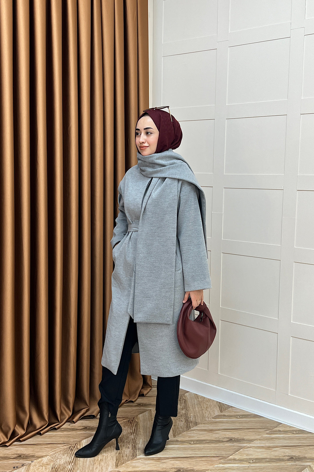 Siena Atkı Detay Kaşe Kaban Gri 5530-GRI