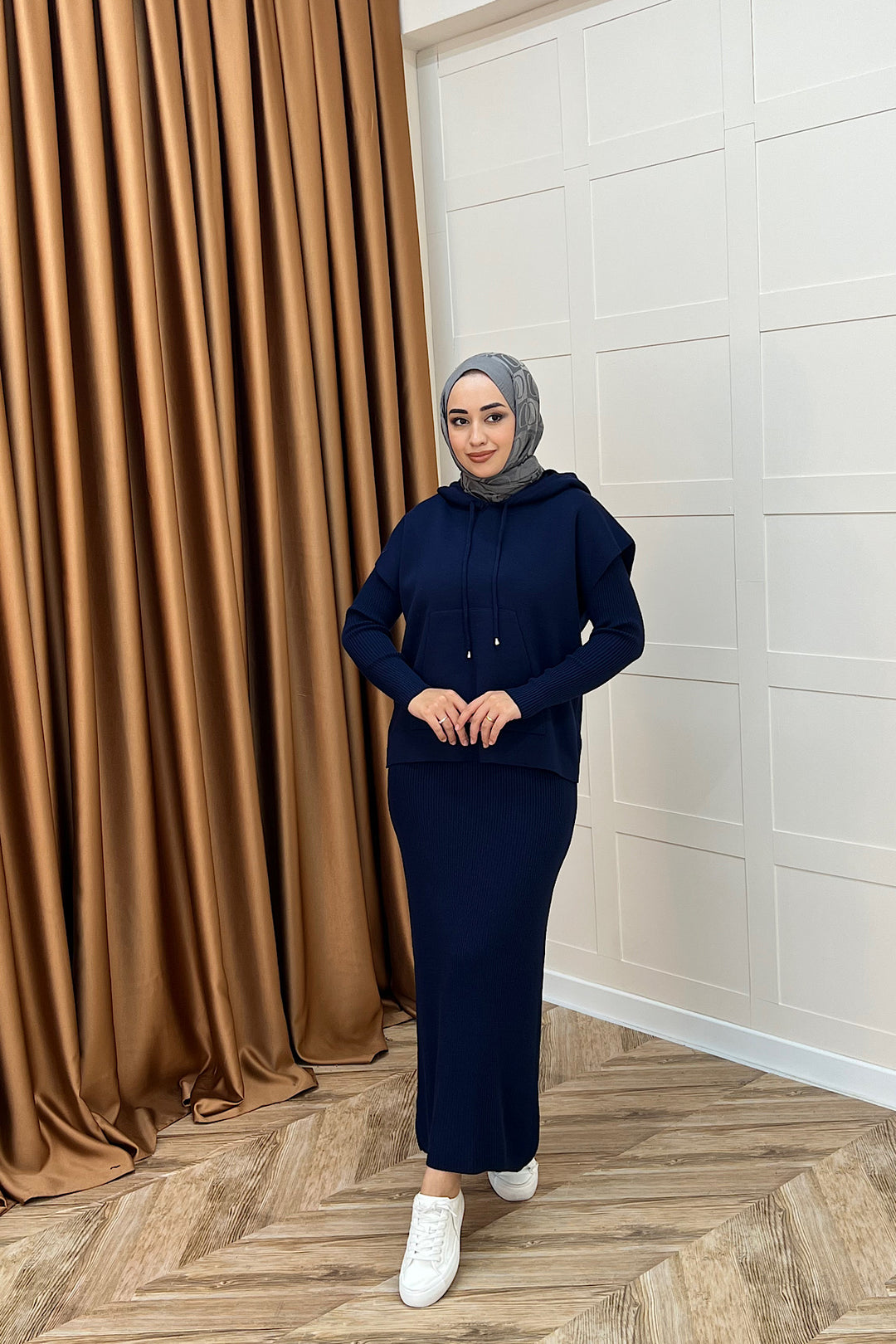 Üst Kapüşonlu İkili Triko Elbise Lacivert 25290-LACIVERT