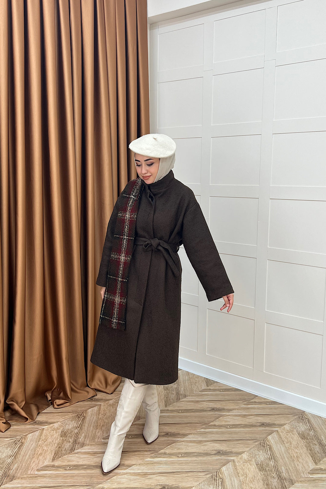 Duru Premium Kumaş Atkı Detay Kaban Kahverengi 5517-KAHVERENGI