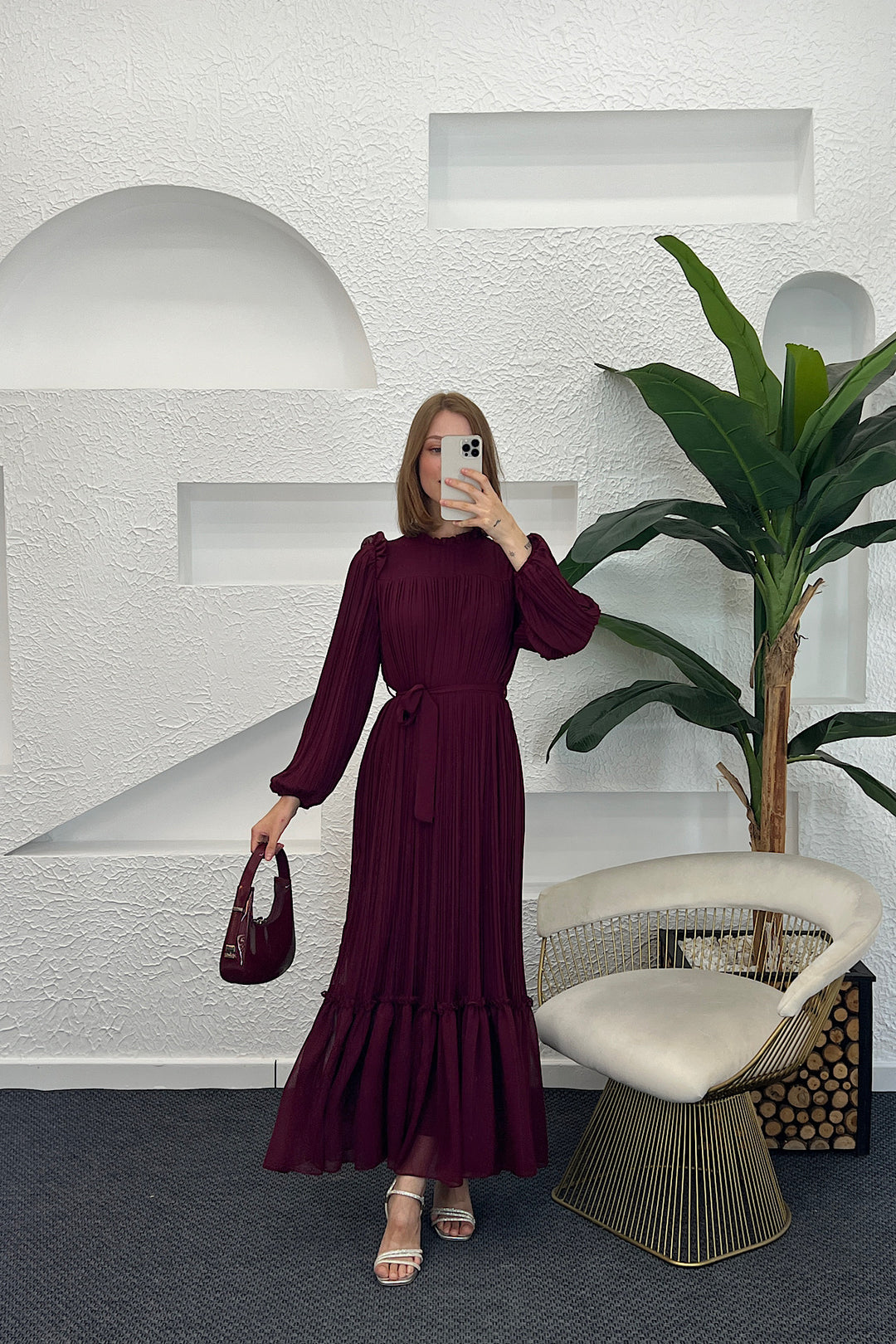 Bella Piliseli Şifon Elbise Bordo 04670-BORDO