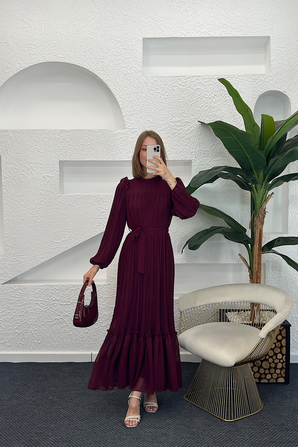 Bella Piliseli Şifon Elbise Bordo 04670-BORDO