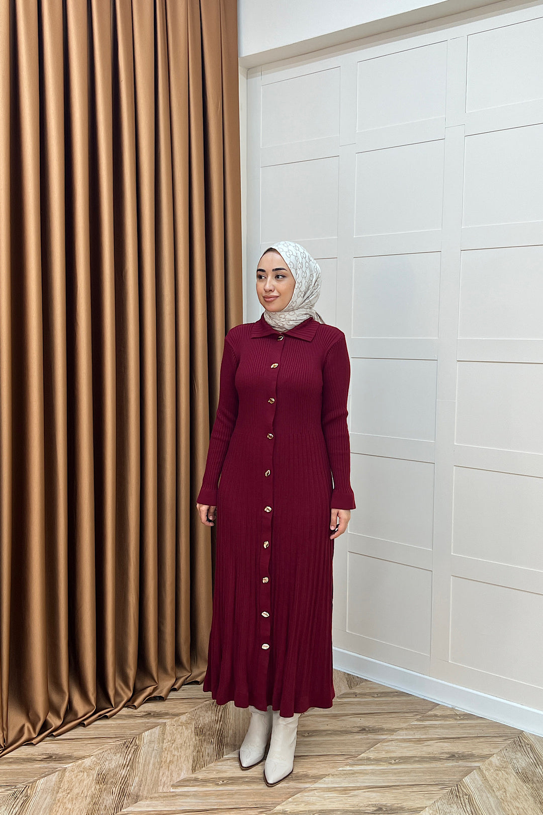 Endam Düğmeli Triko Elbise Bordo 10201-BORDO