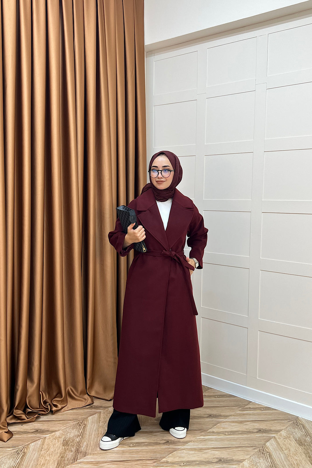 Retro Premium Kumaş Uzun Kaşe Kaban Bordo 5509-BORDO