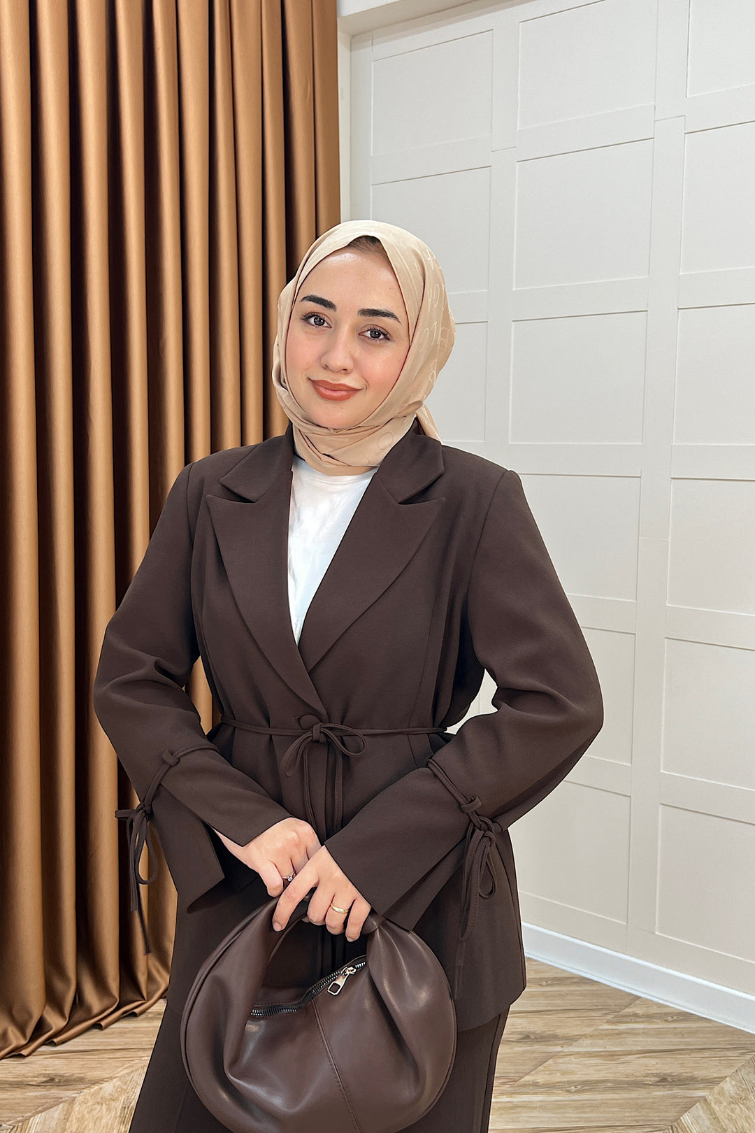 Kuşak Detay Ceket Takım Kahverengi 5004-KAHVERENGI