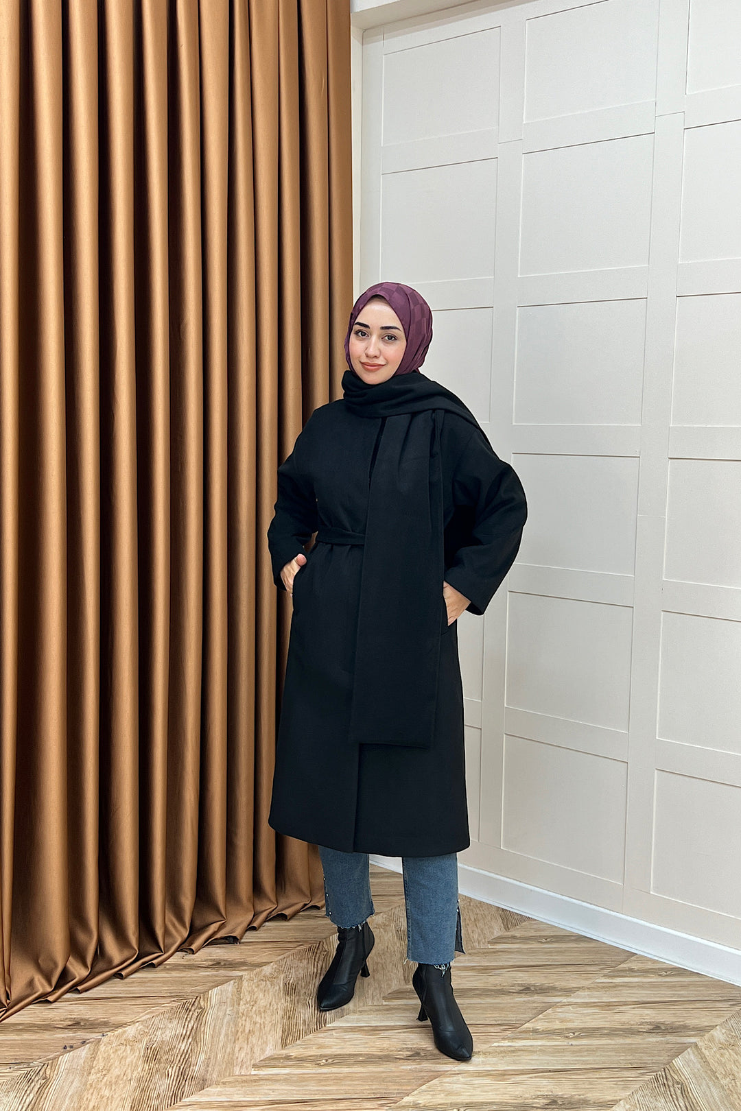 Siena Atkı Detay Kaşe Kaban Siyah 5530-SIYAH