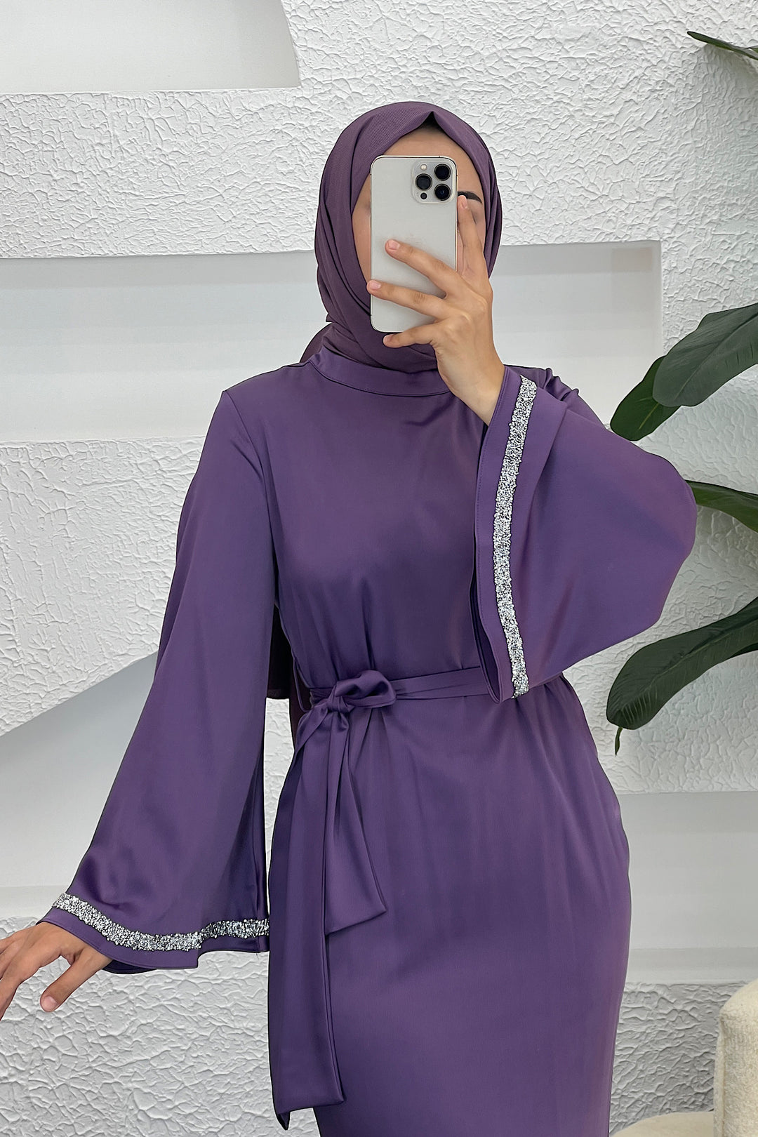 Kolları Taş Detay Saten Abiye Mor 3011-MOR