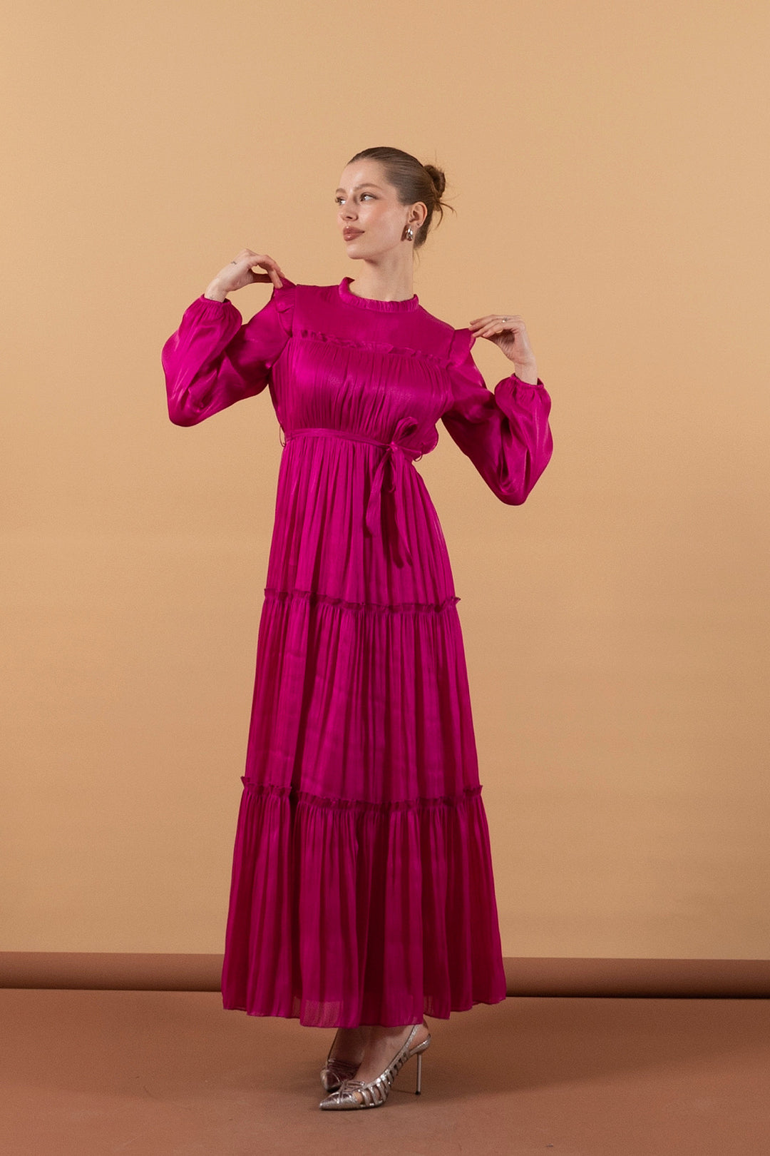 Robalı İpek Elbise Pembe 3006-PEMBE