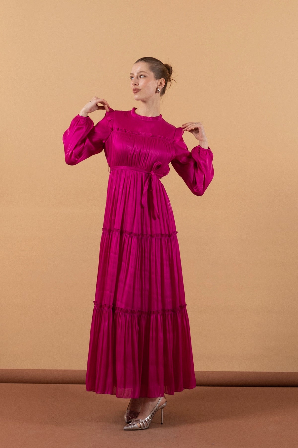 Robalı İpek Elbise Pembe 3006-PEMBE