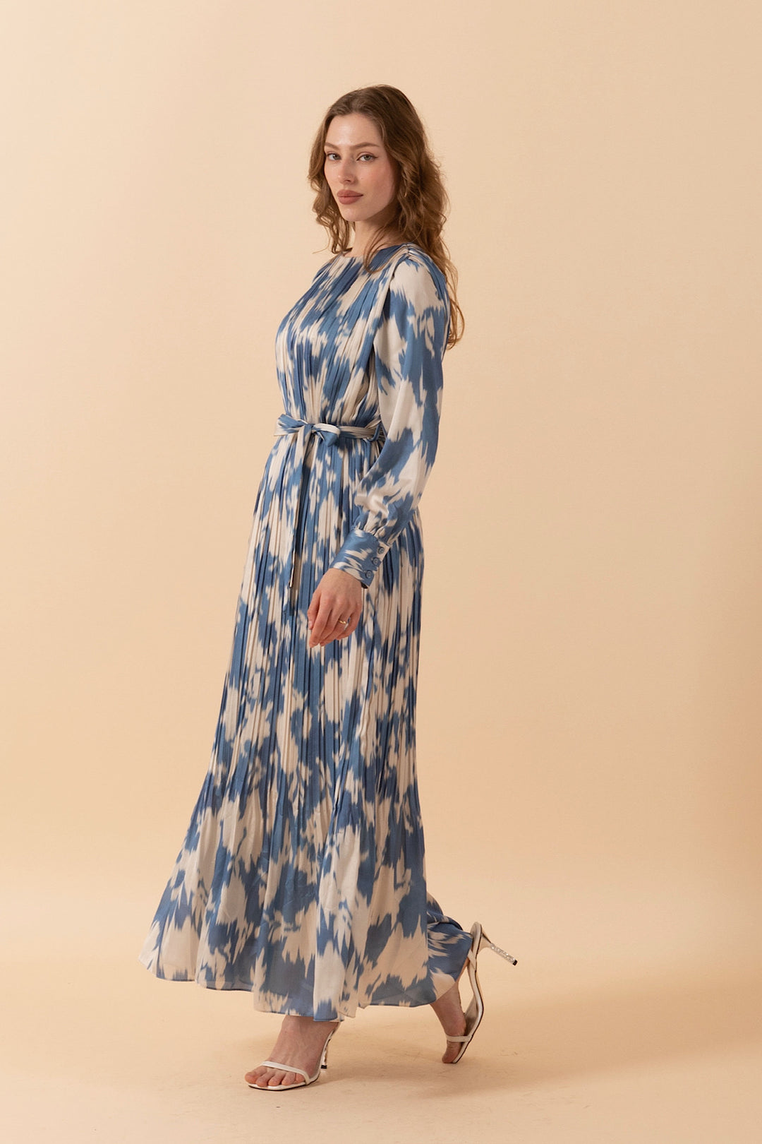 Bella Piliseli Saten Elbise Mavi 3038-MAVI